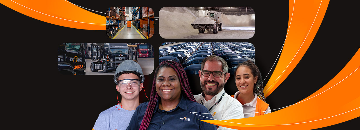capa do relatório integrado da Tegma traz fotos de operações de granéis, gestão de embalagens e logística automotiva